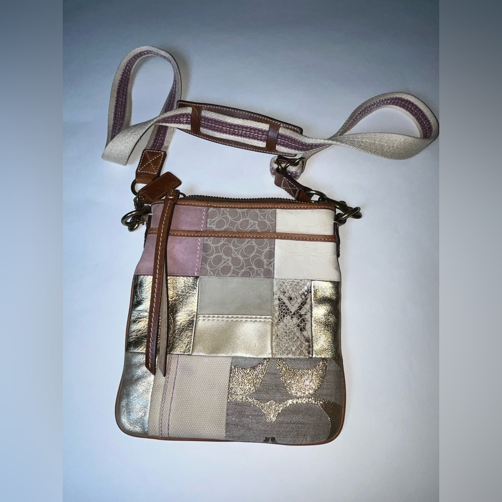 Y2K patchwork Coach crossbody bag.   #B063-10006.  Canvas, leather& suede bag.